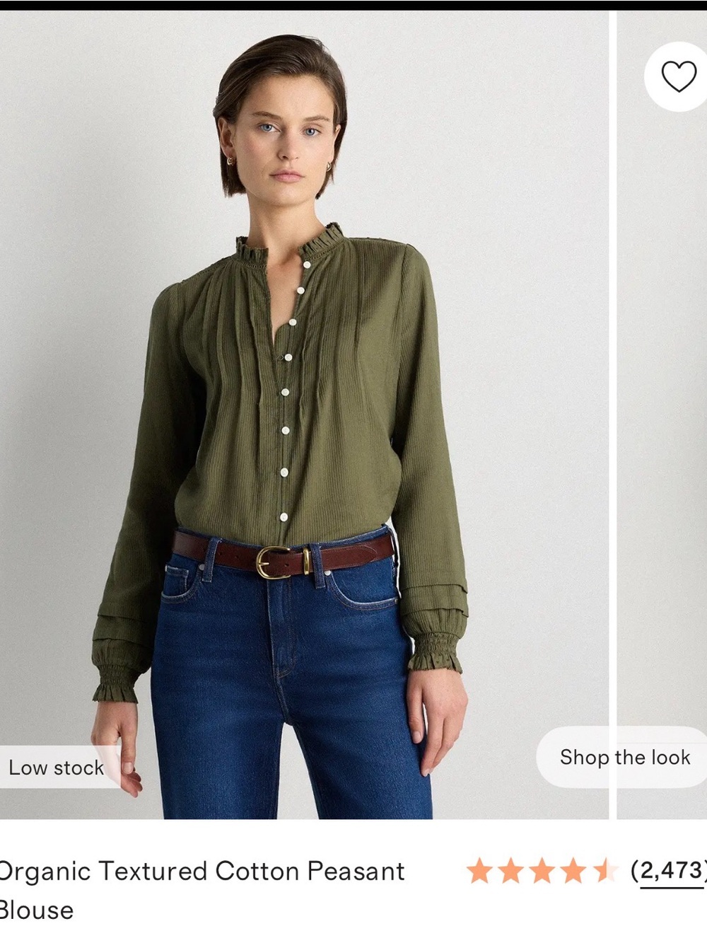 Quince Olive Ruffled Collar Cotton Peasant Blouse